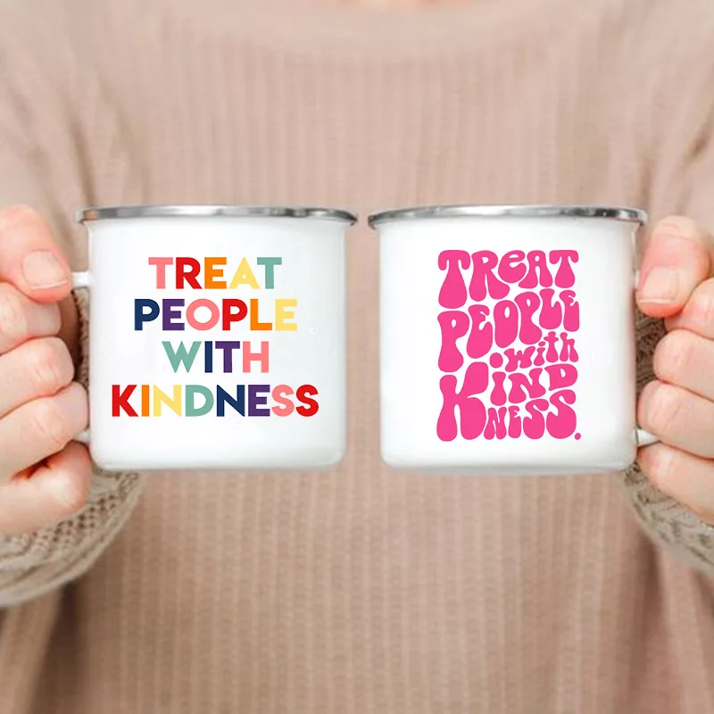 Treat People with Kindness Print Mug Creative Enamel Mugs Travel Coffee Cup Drink Dessert Milk Vintage Handle Drinkware Gifts