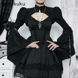 Gothic Flare Long Sleeve Cropped Top Shrug Women Stand Collar Retro Bodycon Coat Jackets Y2k Punk Cover Ups Rave Outfit Bolero