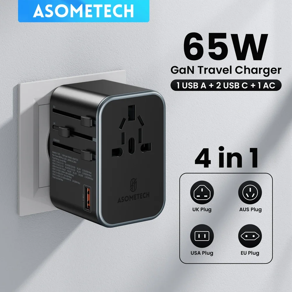 

Universal Travel Adapter GaN 65W USB Charger USB A 30W Quick Charger For iPhone 14 iPad MacBook M1 Laptop International Adapter