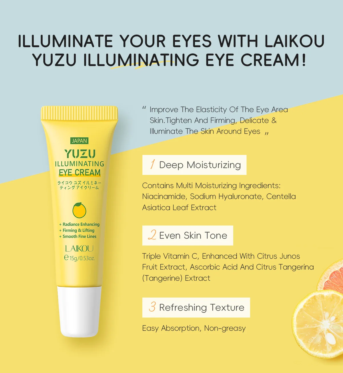 LAIKOU YUZU Eye Cream Anti Dark Circle Eye Bags Whitening  Cream Wrinkle Removal Serum Eyes Firming Skin Care Beauty Health 15g