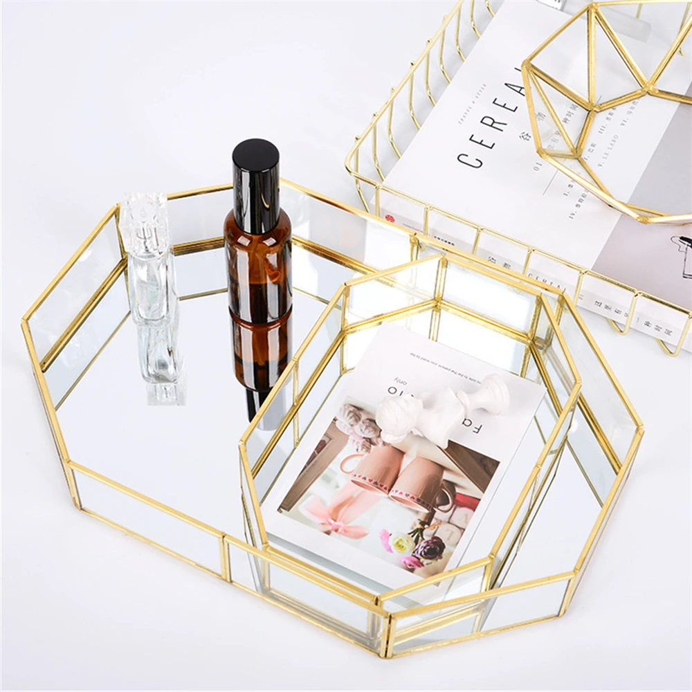 Golden Glass Storage Tray Desktop Decoration Luxury Makeup Box Jewelry Tray Northern Europe Organizer Box Modern Organizing Case