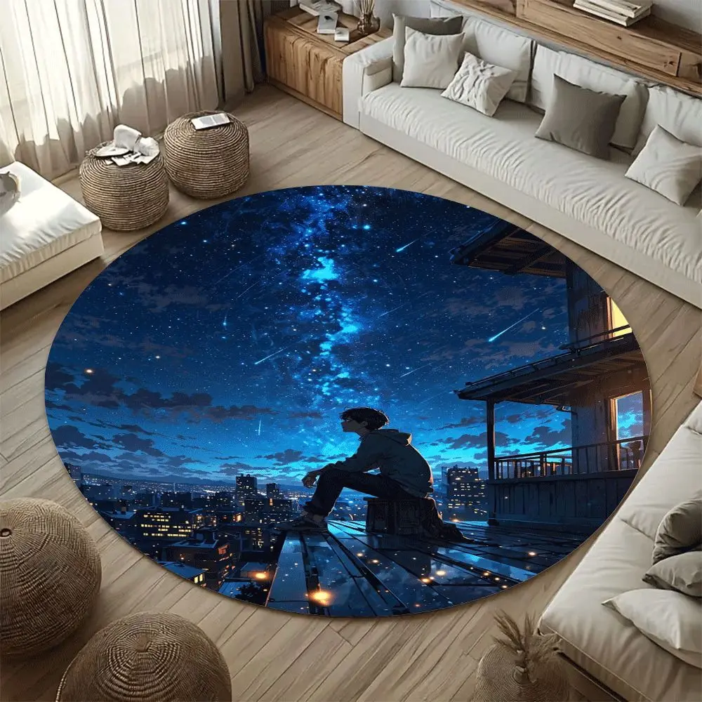 Round Cosmic Anime Pattern Flannel Rug Printed Design Modern Art Decor Soft Anti Slip Carpet For Living Room And Meditation Area