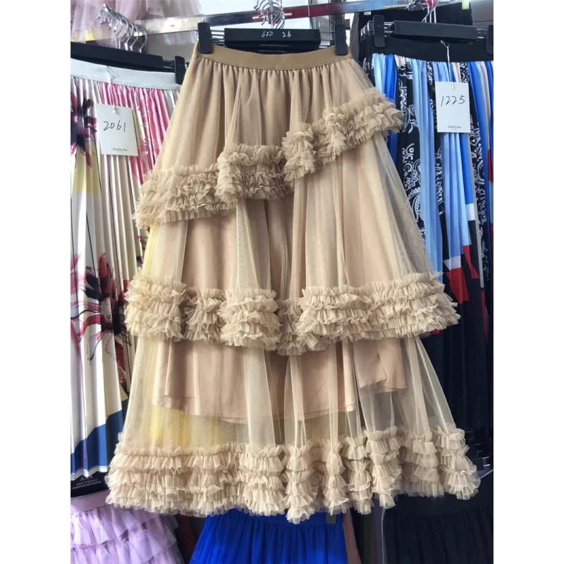 In Stock 2025 Spring New Design Sense Mesh High Waist Slimming Slightly Transparent Cake Fairy Midi Skirt Long Skirt