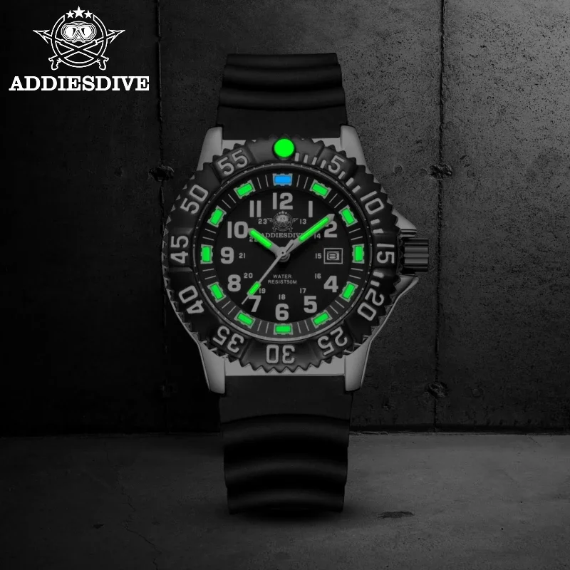 ADDIESDIVE Men\'s Watch Calendar Display 50m Waterproof Green Tube Luminous High Quality Quartz Watches Reloj Hombre