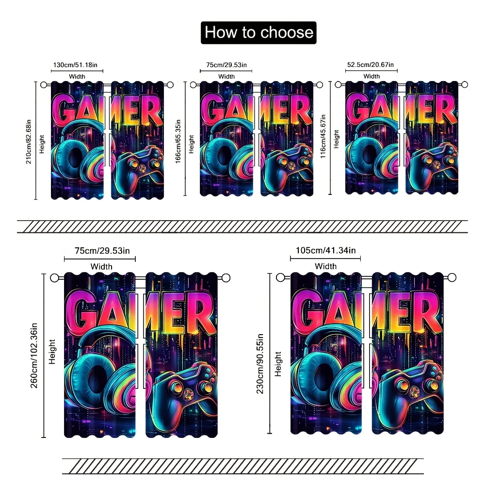 Gamer Neon Curtain, Cyberpunk Headphones Game Controller Window Drapes, Cool Video Game Room Decor for Kids Teens Bedroom