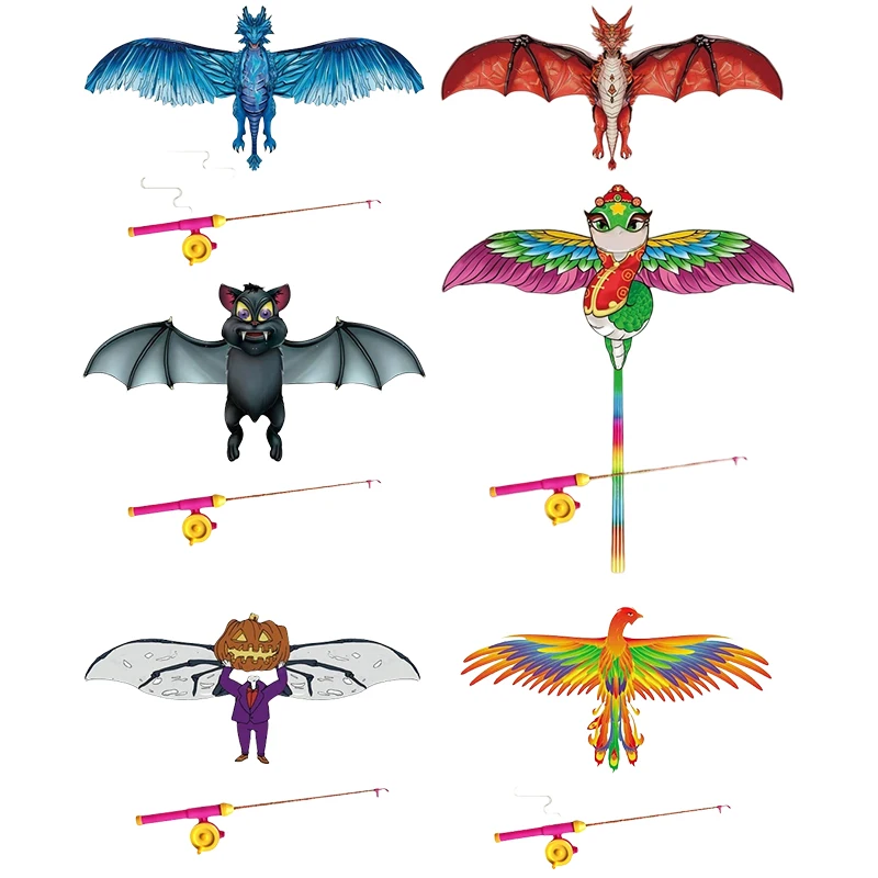 1 Set Kids Vivid Dragon Bat Snake Easy To Fly Phoenix Kites For Toddler Outdoor Beach Park Beginner Mini Fishing Rod Kite