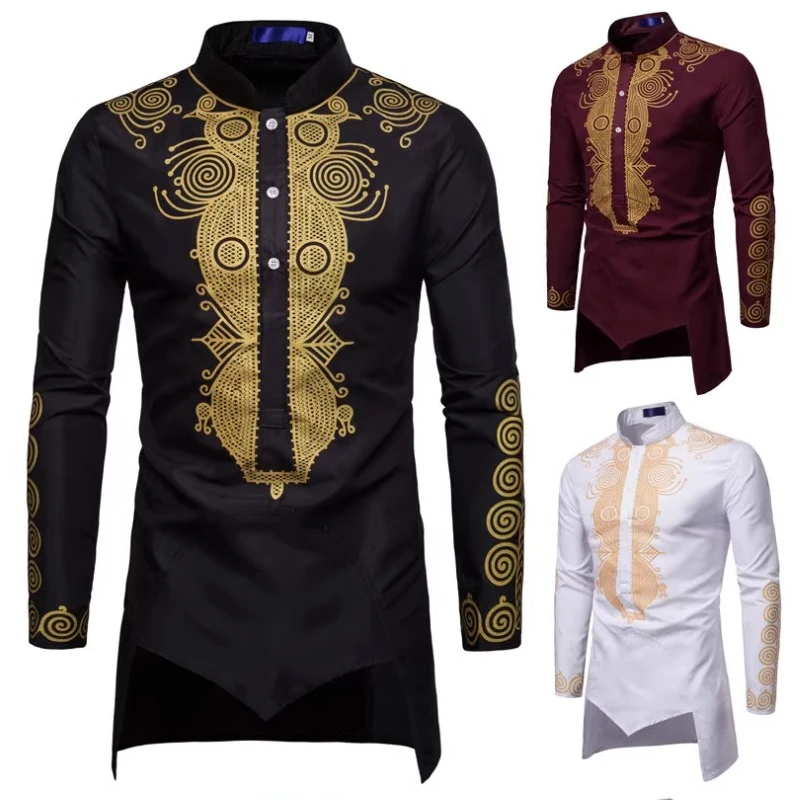 Ethnic Style Young Men\'s Pullover Style with Gold Stamping Single Long Shirt Casual Slim Shirt Men muslim shirt  kurta for men