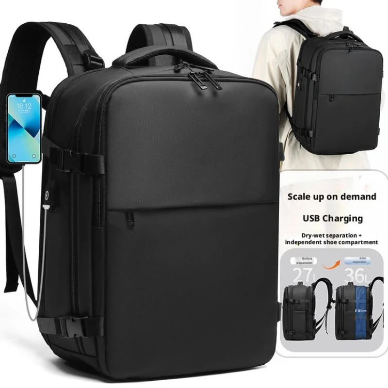 expandable large capacity men's backpack with USB, shoe compartment 180 degree opening and closing laptop backpack schoolbag 02