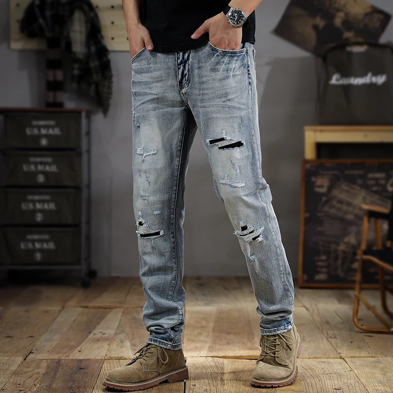 

Summer Fashion Brand Washed Wear-White Ripped Jeans Men's Trendy Korean High-End Slim Straight Retro Distressed Tappered Pants