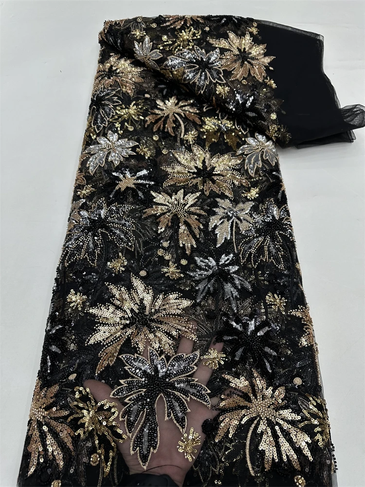 Африканская французская сетчатая кружевная ткань с бисером, новейшая нигерийская сетчатая кружевная ткань 2025 года с блестками для женщин, свадебные платья, 5 ярдов