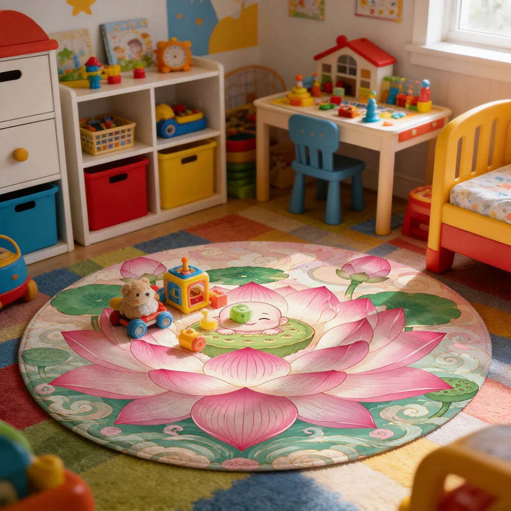 Cute Baby Buddha Lotus Flower Round Area Rug for Nursery Kids Room Boho Chic Decor