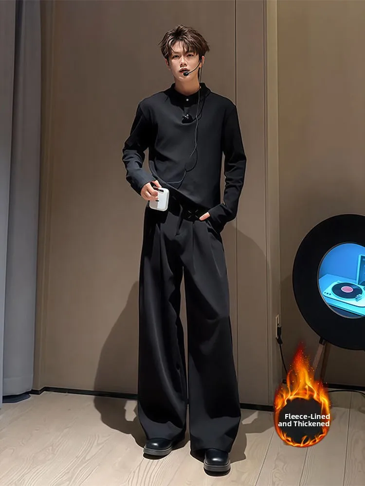 

Cleanfit Men's Autumn Winter Fce Lined Wide Leg Casual Pants Drapey Loose Fit Straight Leg Suit Trousers Youth Faion