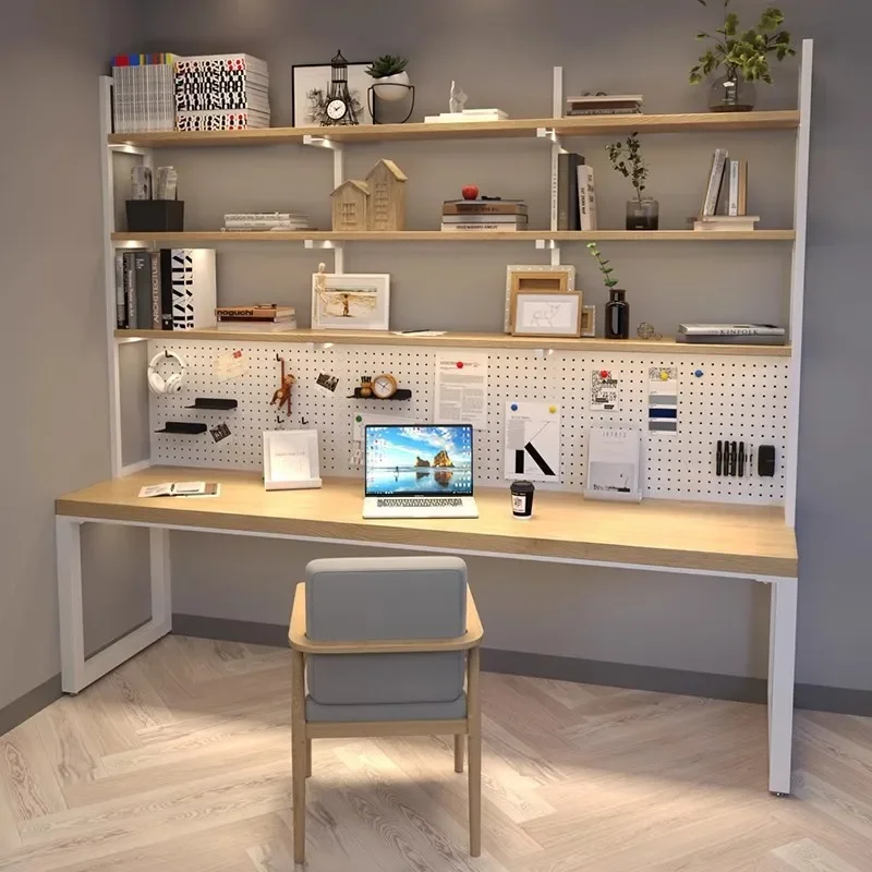 Solid wood computer desk household desk bookshelf integrated table with hole board student writing table study table simple and