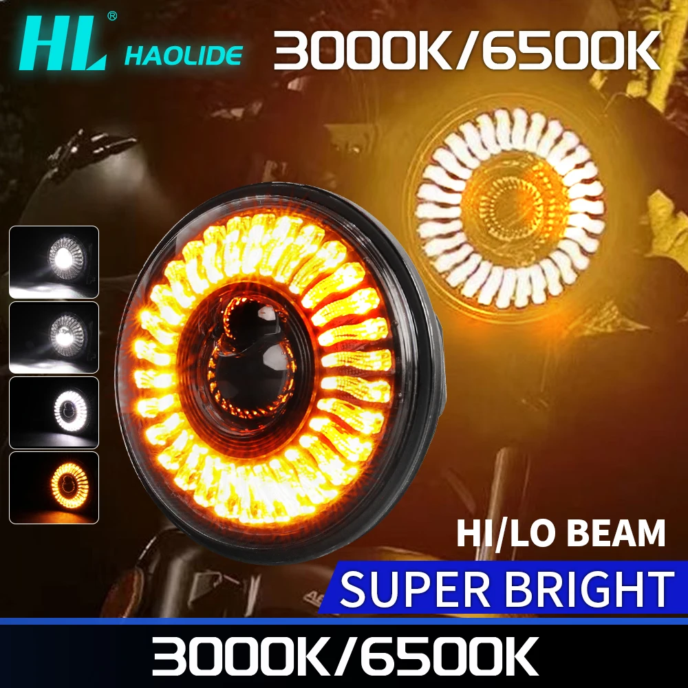 HAOLIDE 7inch LED Round Headlight 5.75” 6000K Work Light Amber Warning Light Hi/Lo Beam Super Bright for Moto off-road use
