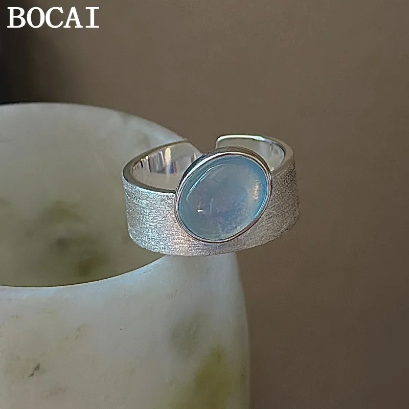 

BOCAI NEW S925 Silver Vintage Niche Solder Brushed Navy Blue Ring Women's Gift