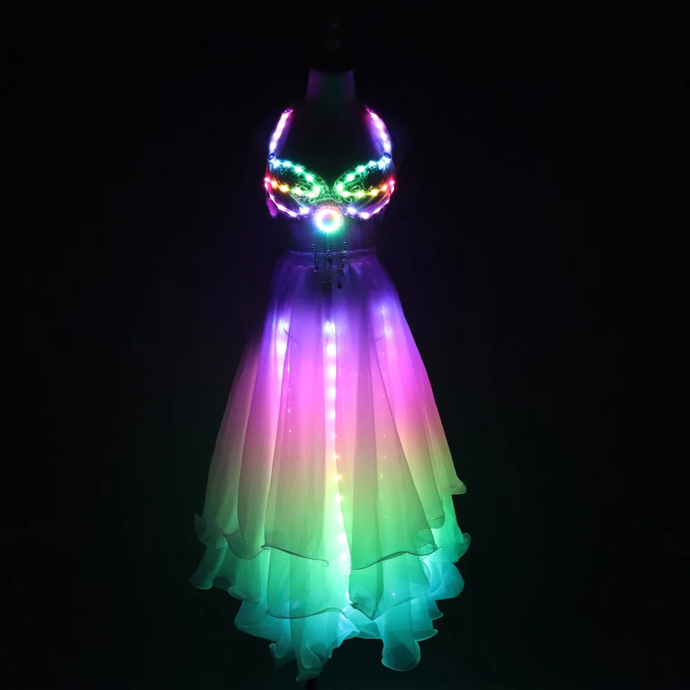 LED Kleur Lichten Vrouwen Buikdans Split Rok Sexy Professionele Buikdans Training Kleding Dansen Kostuums