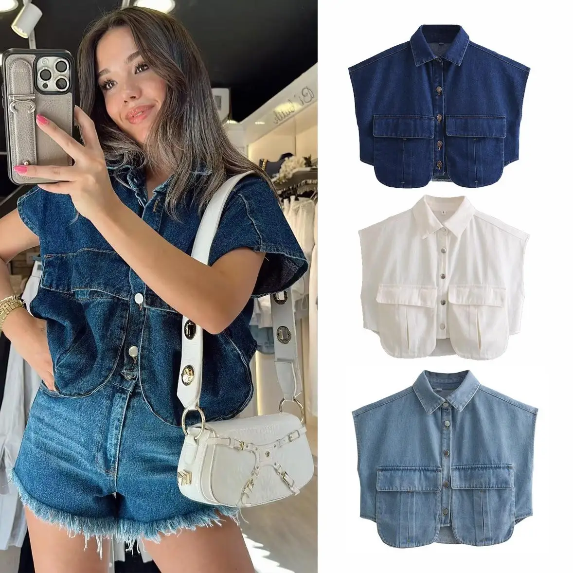 

Women's Large Pocket Patchwork Denim Cardigan Collar Shirt European Style Pure Color Non-Stretchy Winter Fashion Ladies' Shirt