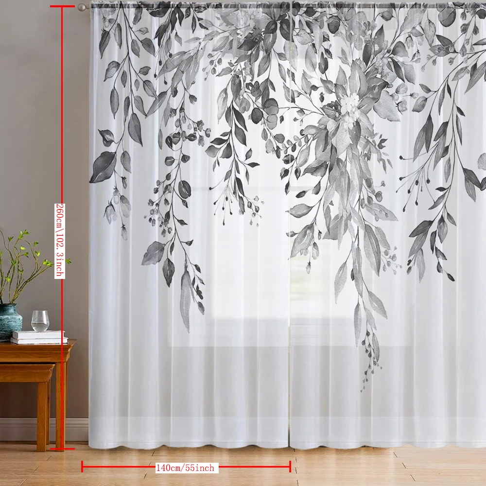 2pcs home decoration window screen, gray plant print, with pole bag curtains, suitable for kitchen, coffee shop, living room