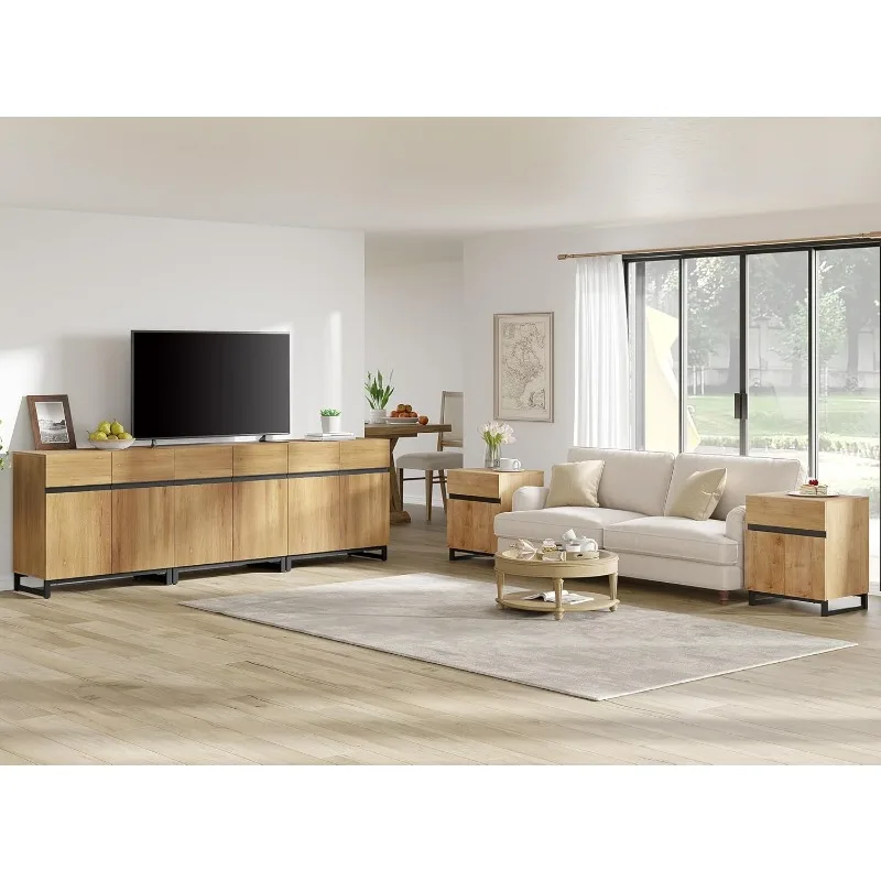 Soporte de TV moderno para televisores de hasta 110 pulgadas, mesa consola de TV de centro de entretenimiento de madera 3 en 1 con estantes ajustables y base de metal