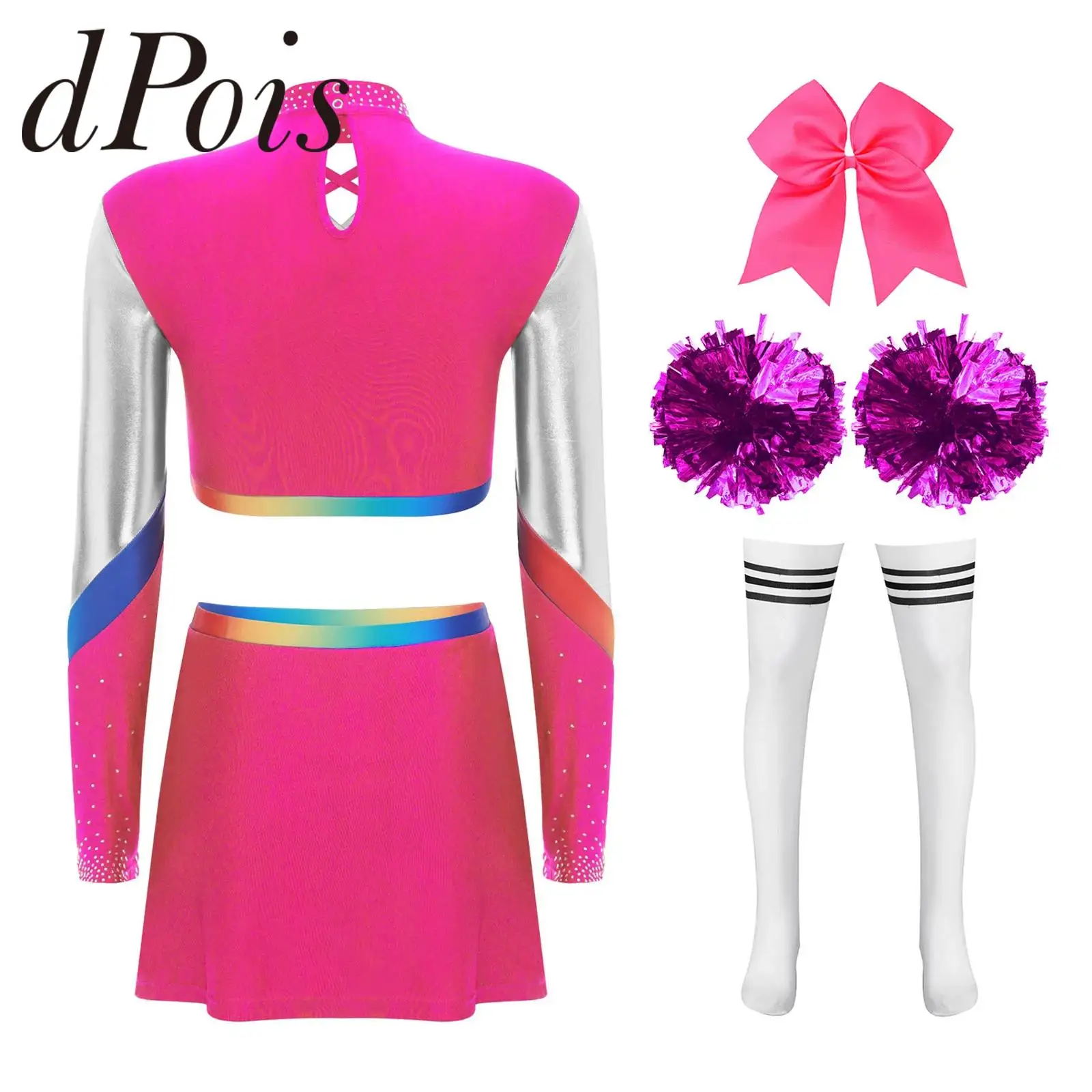 Women Cheerleading Dancewear Uniform Cheering Set Cheerleader Costume with Headband Flower Balls Socks Adults Cheer Dance Outfit