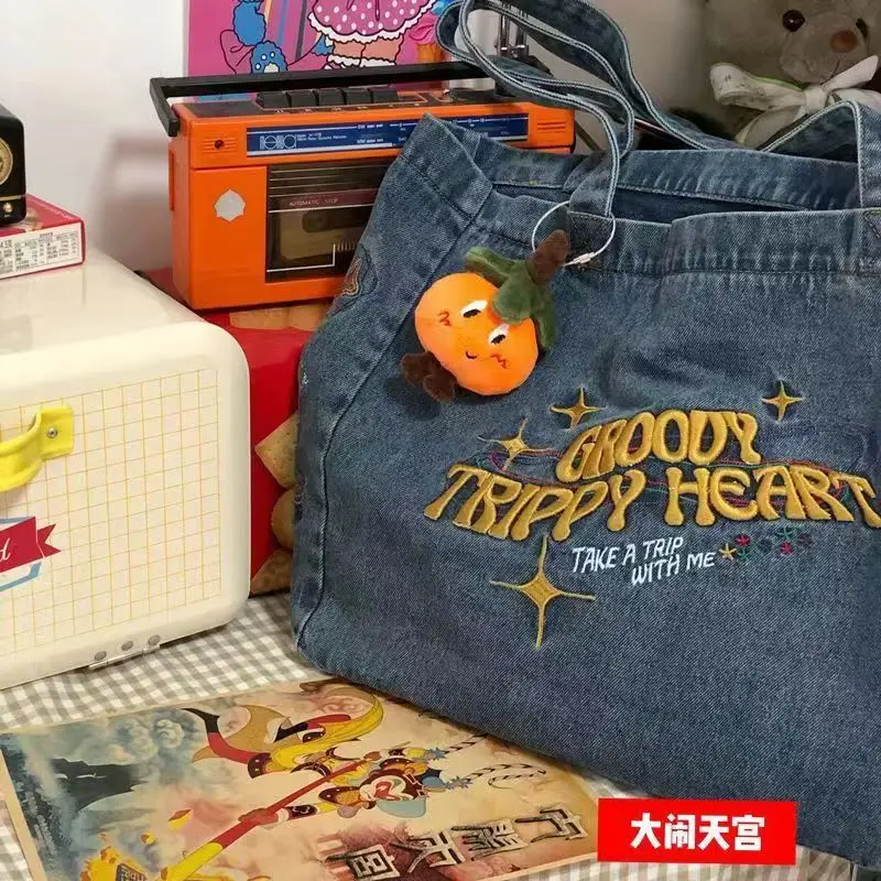 Tas kanvas bordir Retro tas Tote kapasitas hing-bahu tunggal tas jinjing koboi Korea Jepang mudah cocok