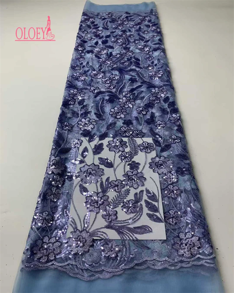 

OLOEY African Luxury Tulle Lace Fabric New High Quality Nigeria Sequins Beads Tulle Lace Fabric For Sew Wedding