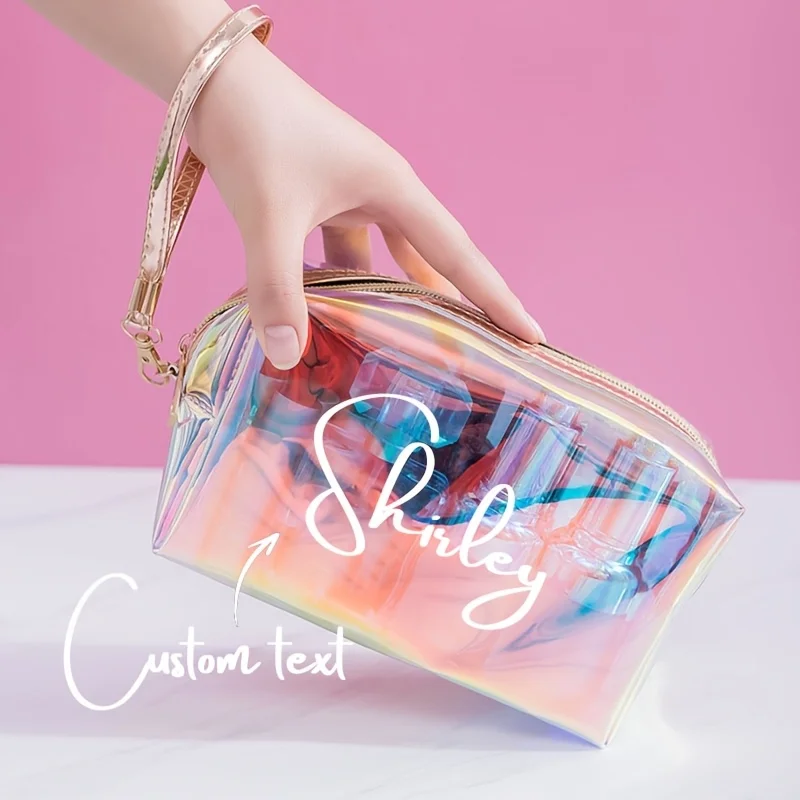 Personalized Custom Iridescent Transparent Laser Makeup Bag, Large Capacity Cosmetic Organizer, Clear Toiletry Bag