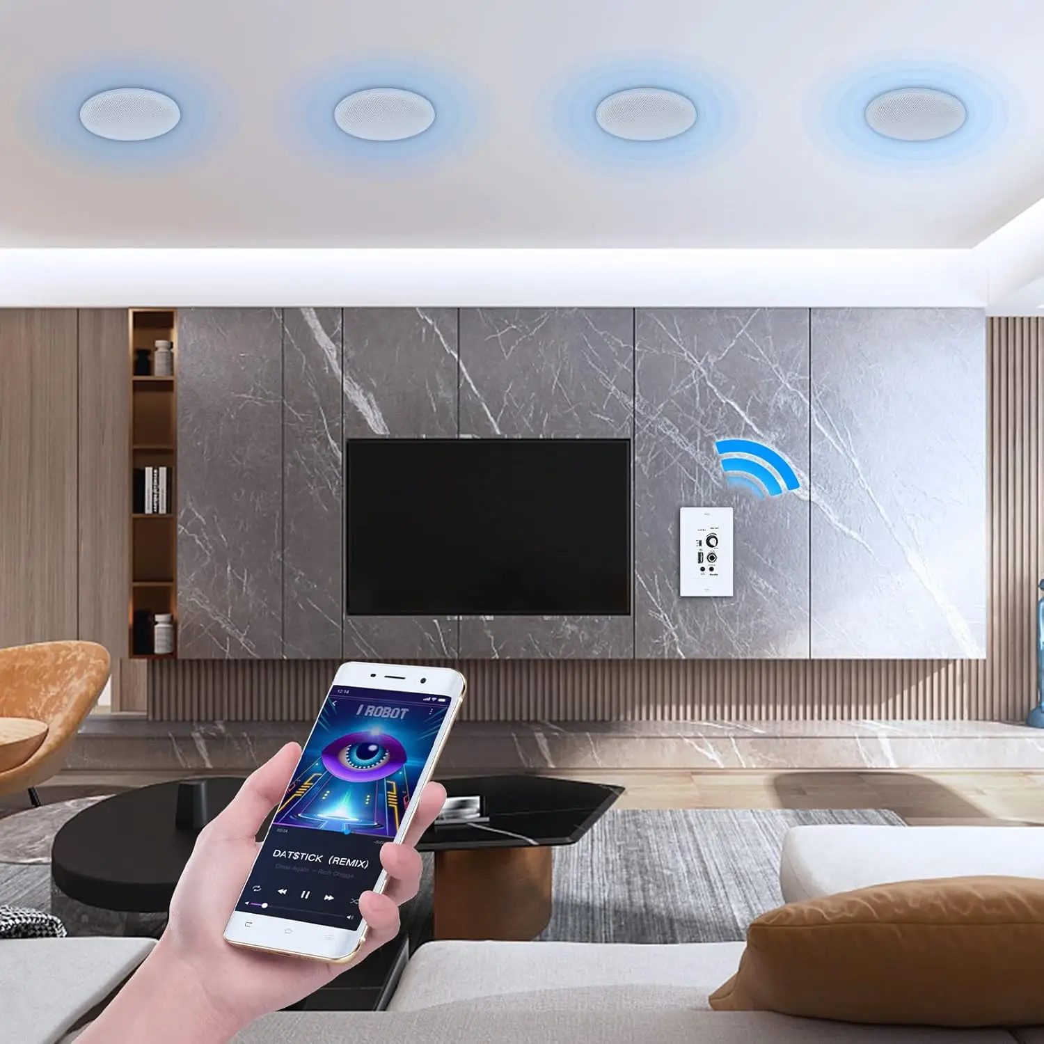 6.5-Inch Bluetooth Ceiling Speaker System – 2-Way Flush Mount, 600W, with Wall Amplifier Receiver, 2 Pairs, Paintable Grilles for Home Theater & Office