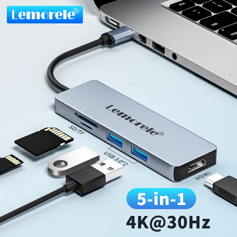 Lemorele TC18 USB Hub 5Port  Docking Station USB C HUB USB-C to HDMI Adapter 4K 30Hz  SD TF for MacBook iPad Pro Huawei