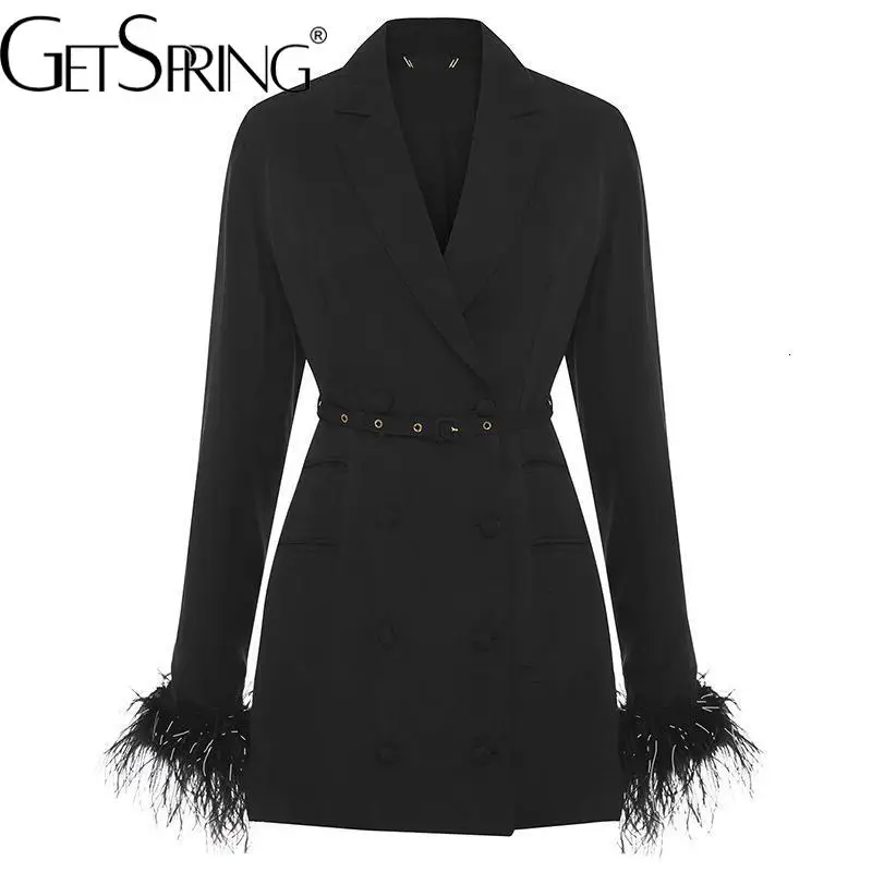 2025 Getspring Women Blazer dress Long Black Feather Jackets Belt Bandage Women Vintage Coats New Women Spring Top