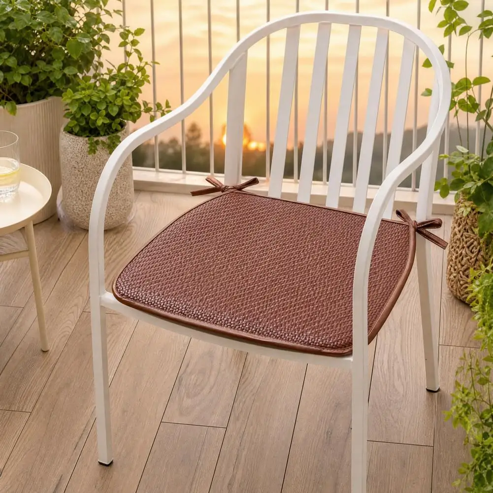 Summer Seat Cushion Sitting Pad Summer Woven Rattan Seat Cushion with Ties Breathable Handmade Chair Mat Anti-slip Square Office