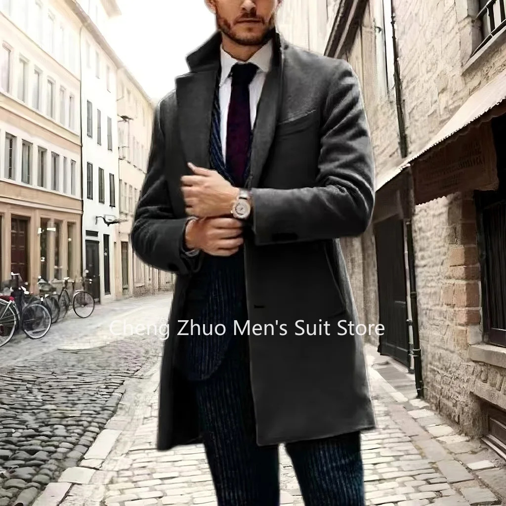 

Мужской высококачественный плащ с зубчатыми лацканами, однобортное длинное пальто для банкета, зимняя куртка в джентльменском стиле