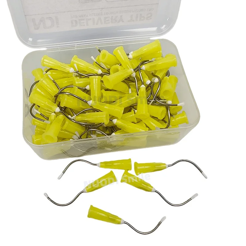 50Pcs/100Pcs Disposable Dental Pre-bent Needle Dispensing Tips with Brush Padded End Yellow Metal Infusor Delivery Brush Tip