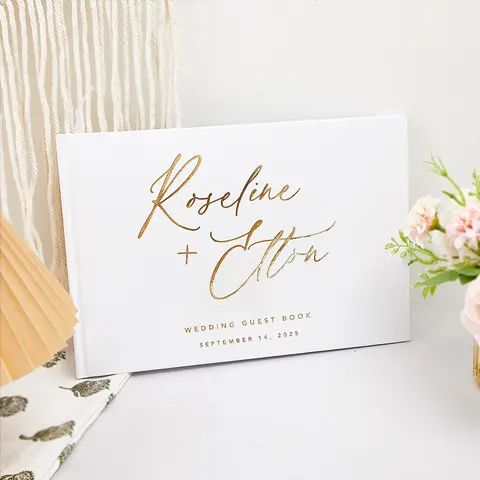 Kişiselleştirilmiş beyaz/siyah düğün ziyaretçi defteri basit zarif düğün resepsiyon imza kitap manzara folyo krom düğün hatıra