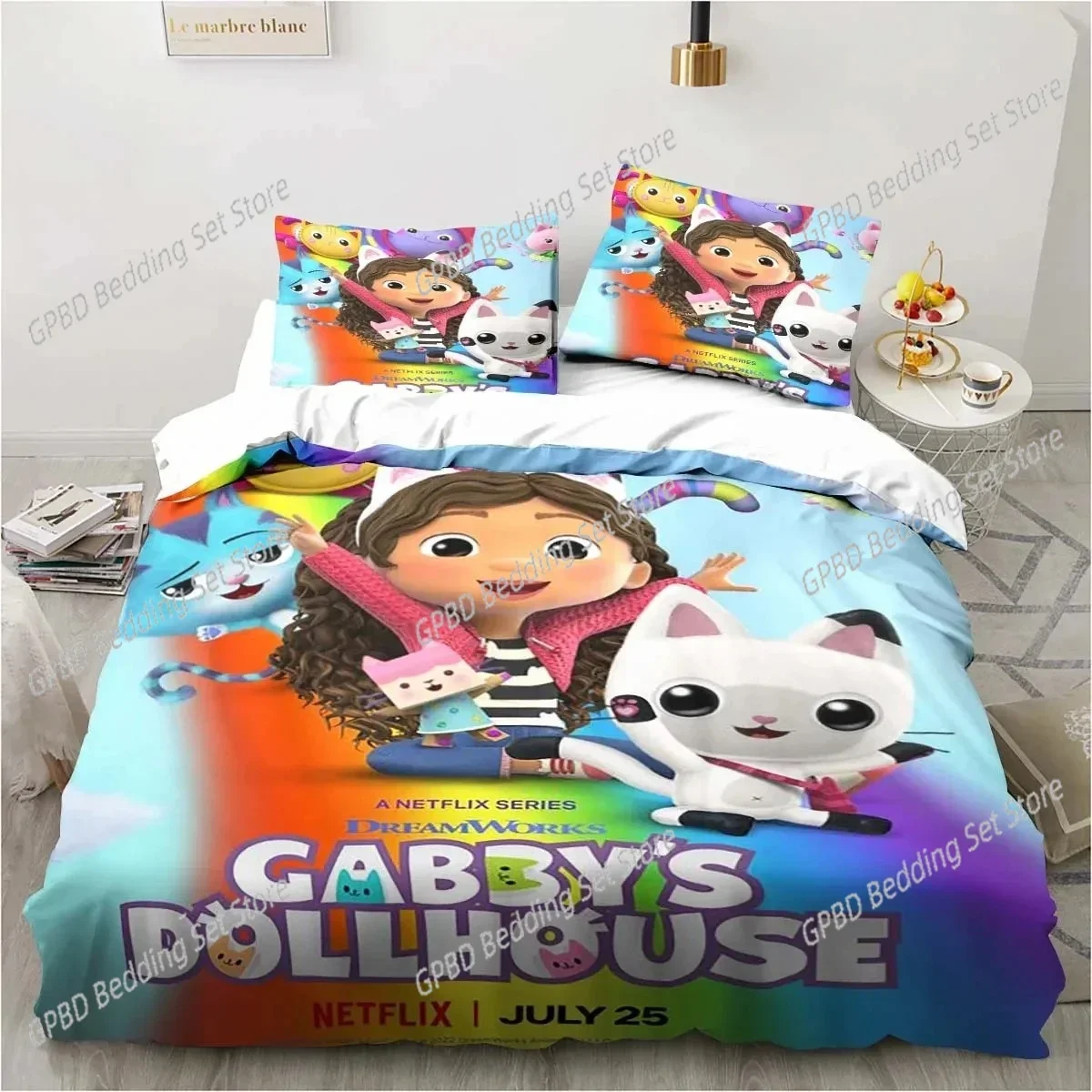 

Cartoon Gabbys Dollhouse 3D Bedding Set Duvet Cover Pillowcases Single Twin Full Queen King Size Home Decor Quilt Boys Gift Quil