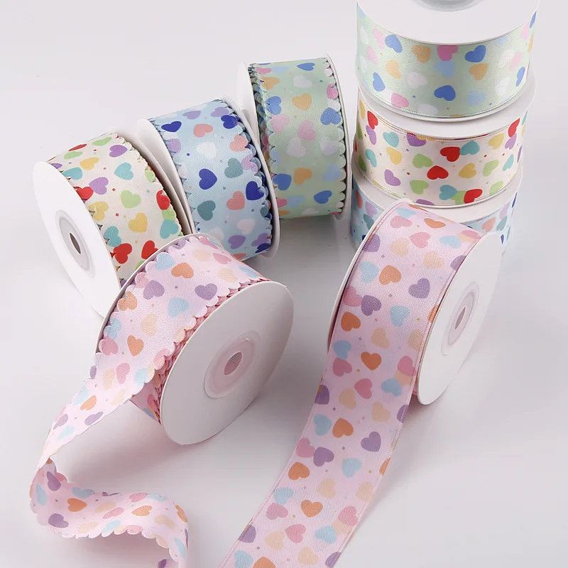 10 Yards 35MM 40MM Wavy Edge Dots Heart Printing Light Polyester Cotton Ribbon Hair Bows DIY Crafts Handmade Accessories