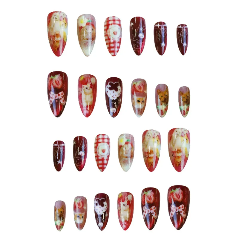 24 piezas de uñas de presión con ojo de gato y fresa, estilo vintage japonés, uñas postizas de almendra lindas con moños de gato y estampado de cuadros 3
