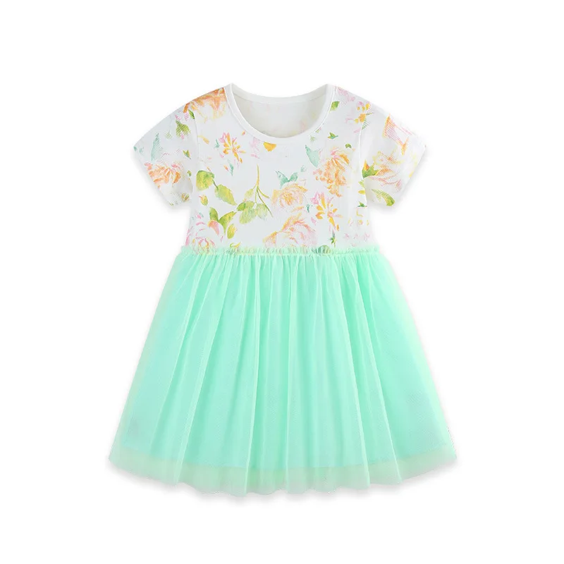 New summer dress for girls, short-sleeved mesh dress, fashionable round-neck dress for young children