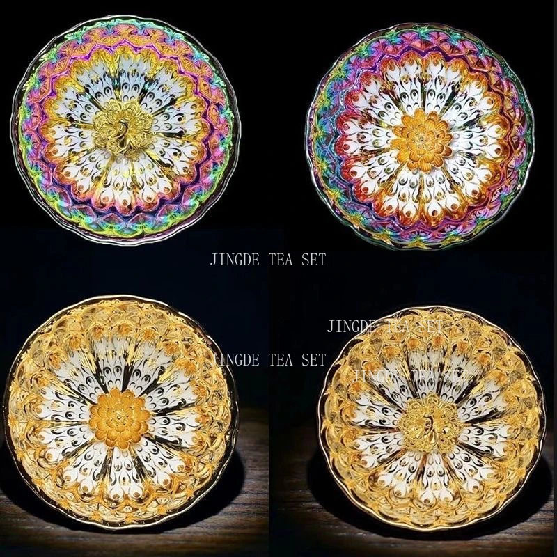 4pcs Colorful Gold Inlaid Master Cup High End Golden Peacock Teacup for Home Use Kiln Transformed Gilded Lotus Flower Tea Cup