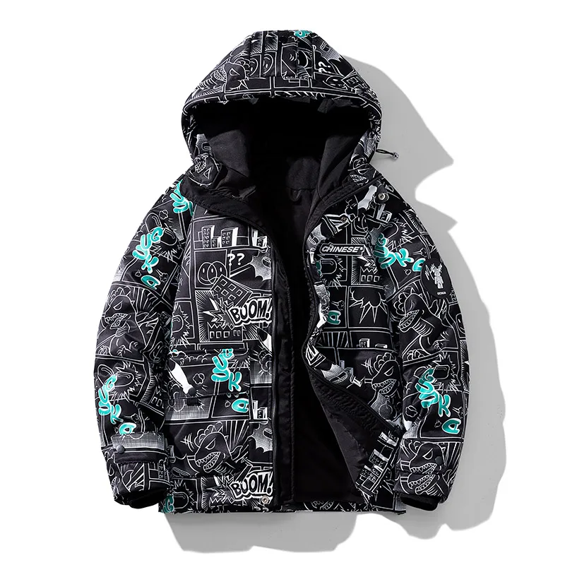 

High-Quality 2023 Autumn Winter Loose Warm White Duck Down Jackets Men's American Style Hooded Cartoon Print Thicken Puffer Coat