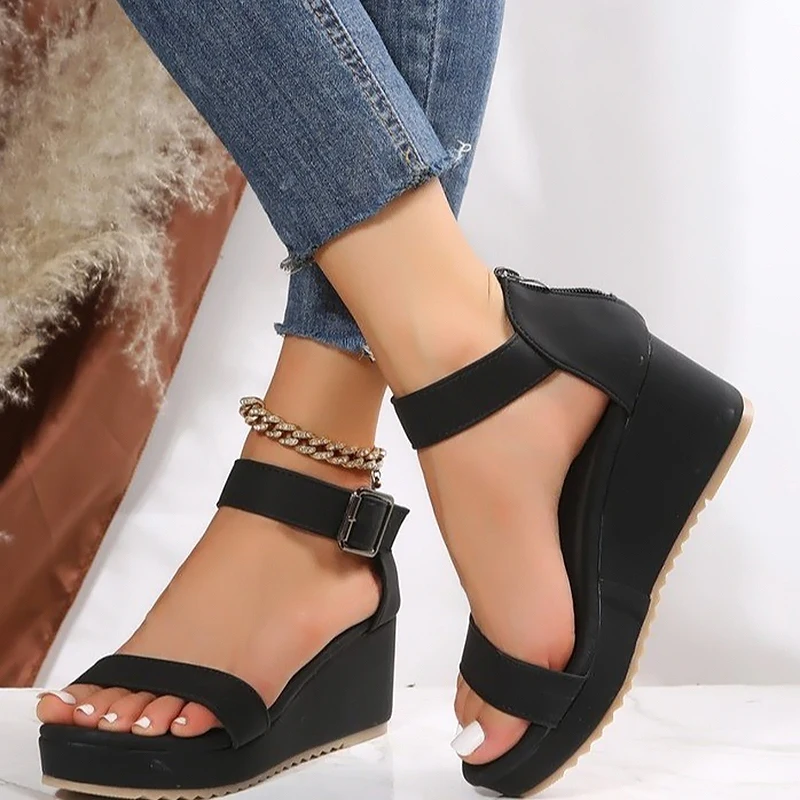 Wedges Thick Platform Sandals Women 2023 Summer Zipper Cover Heel Sandalias Woman Non Slip Open Toe Casual Shoes Large Size 43