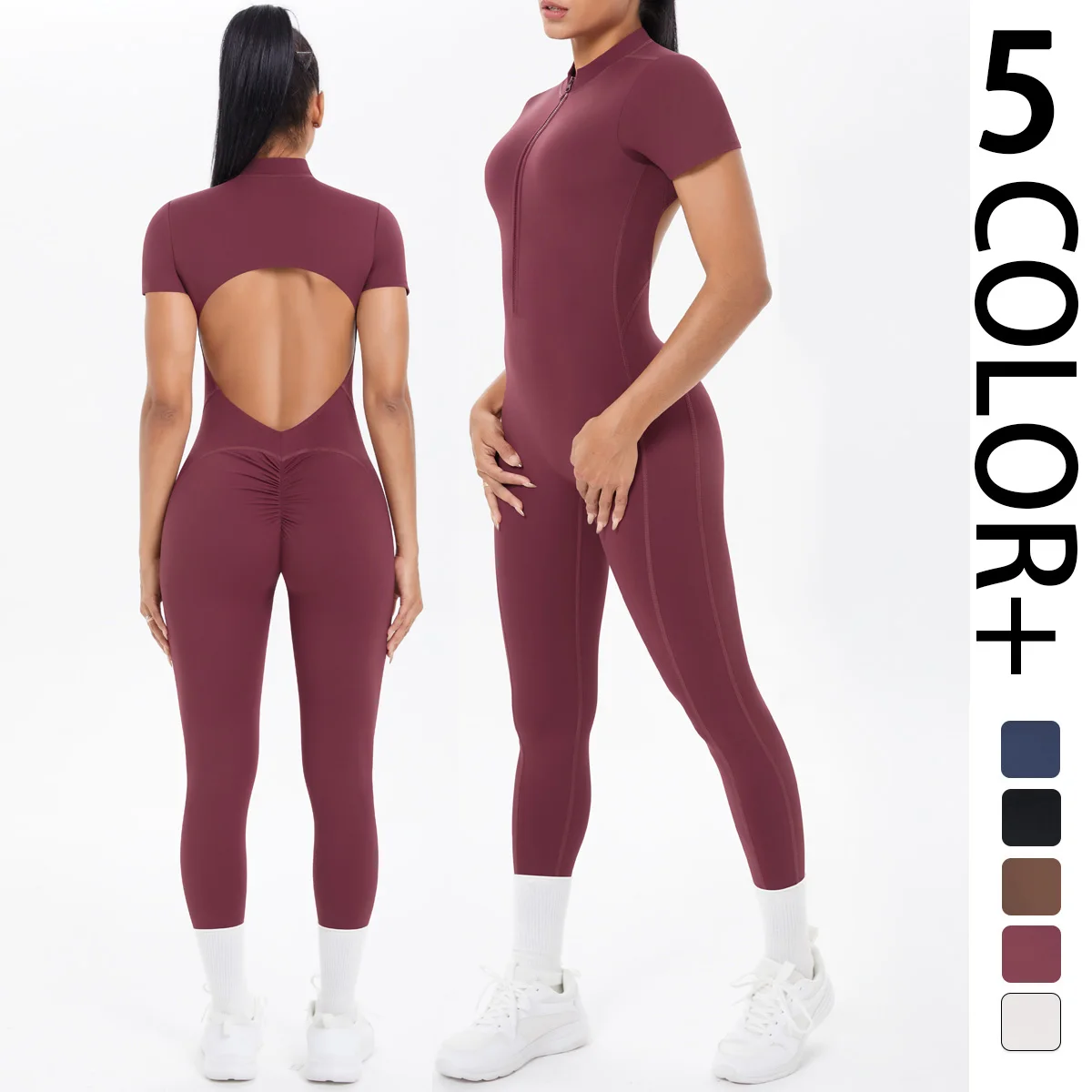Combinaison de Fitness à manches courtes pour femmes, body dos nu, couleur unie, froissé, une pièce, demi-fermeture éclair, ensembles de gymnastique et de Yoga pour femmes