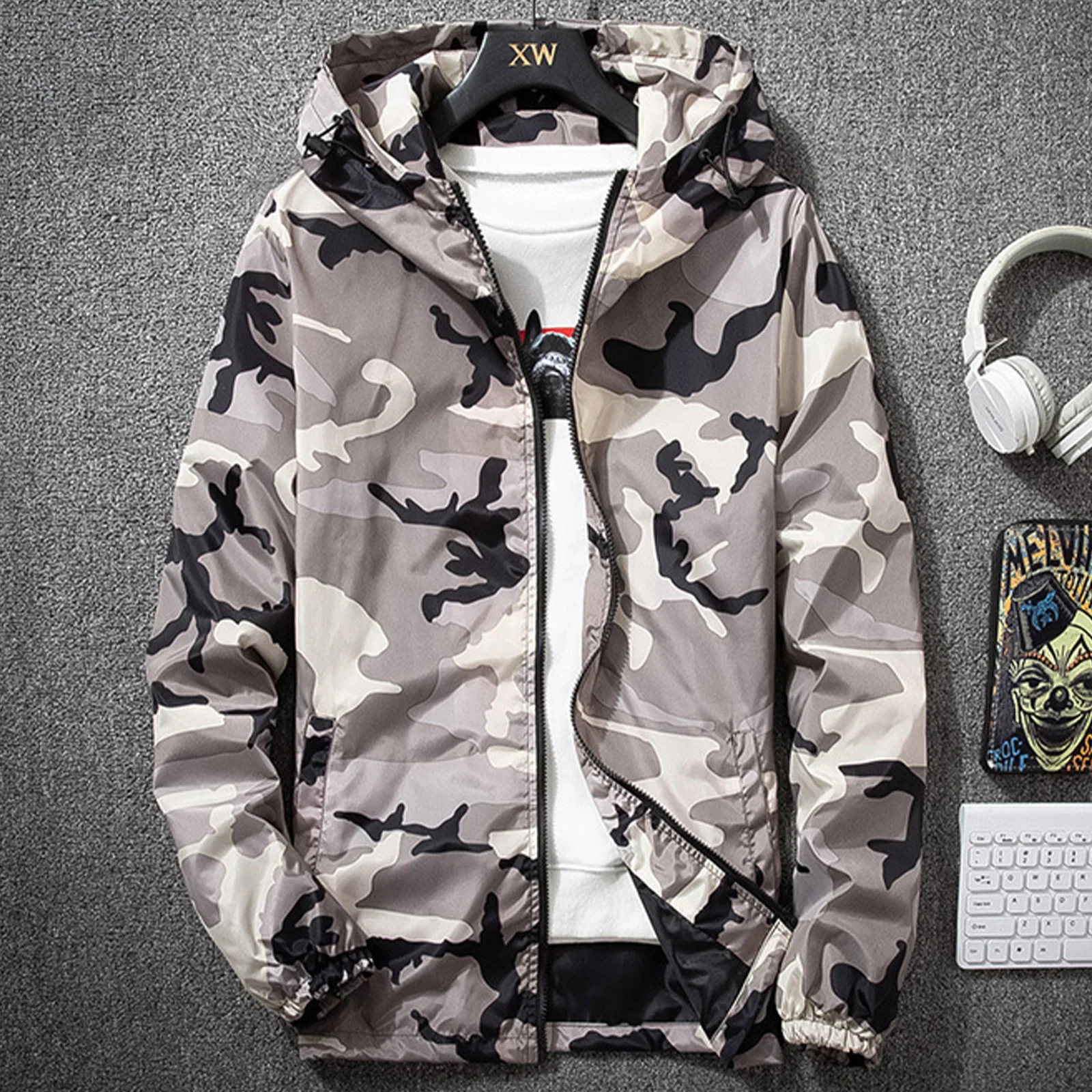 

Men Camouflage Printed Hooded Jackets Outerwear Long Sleeve Elastic Cuffs Zipper Pockets Baseball Coat for Hiking Cycling Daily