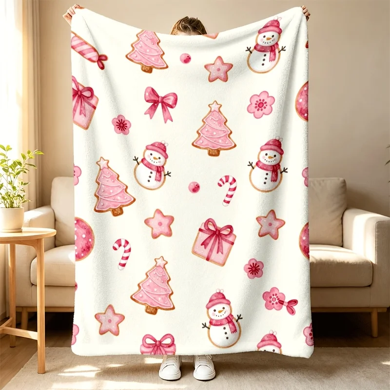 Pink Christmas Cookieblanket Christmas Tree Gift Box Bow Star Pattern Print  Cover for Sofa Sweet Pastel Home Decor Accessory