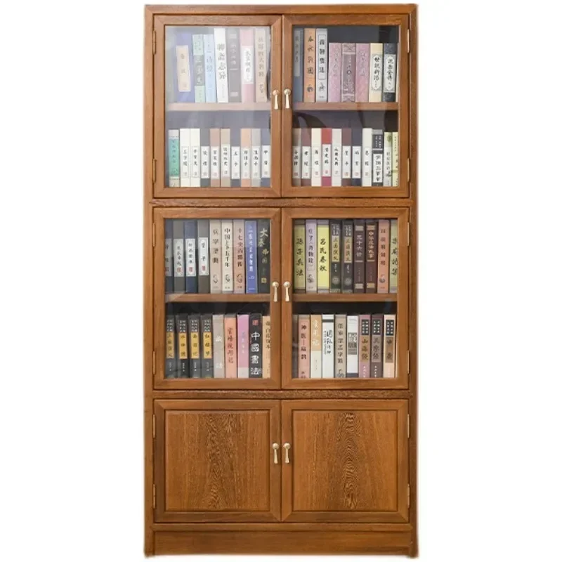 

New Chinese chicken wing wood whole wall bookcase mahogany solid wood floor to ceiling glass door living room locker display
