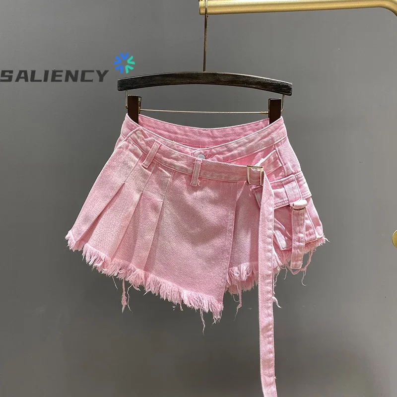 Irregular Pink tie-dye Denim Skirt Women's Summer High Waist Slimming False Two-Piece A- Line Workwear Short Mini Skirts 2024