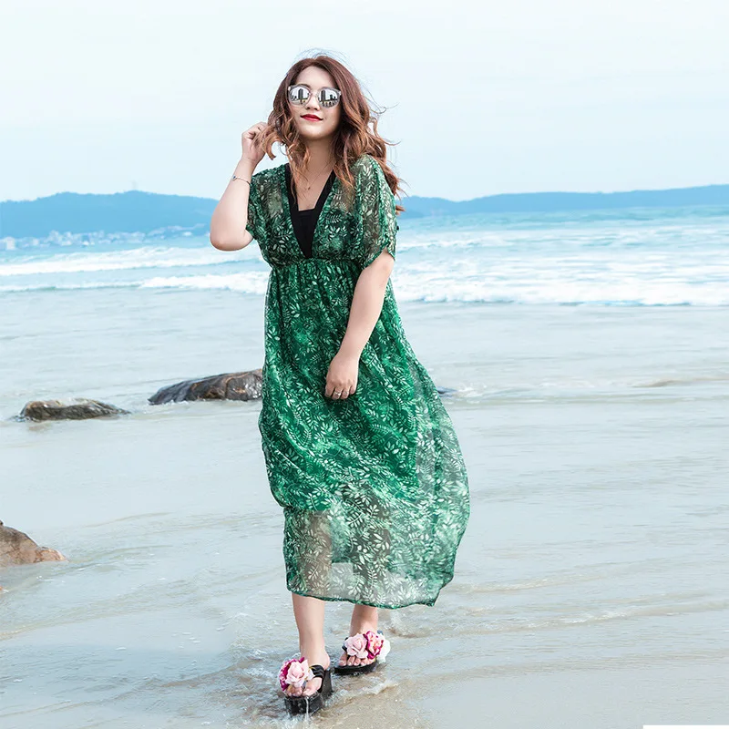 

Large size women's dress short-sleeved dark V-neck green printed chiffon long dress fashionable simple temperament elegant vacat