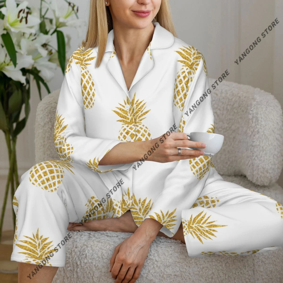 

Женские пижамы с длинными рукавами, домашняя одежда для девочек, комплект из двух предметов, пижамы с золотым узором ананаса на осень-весну