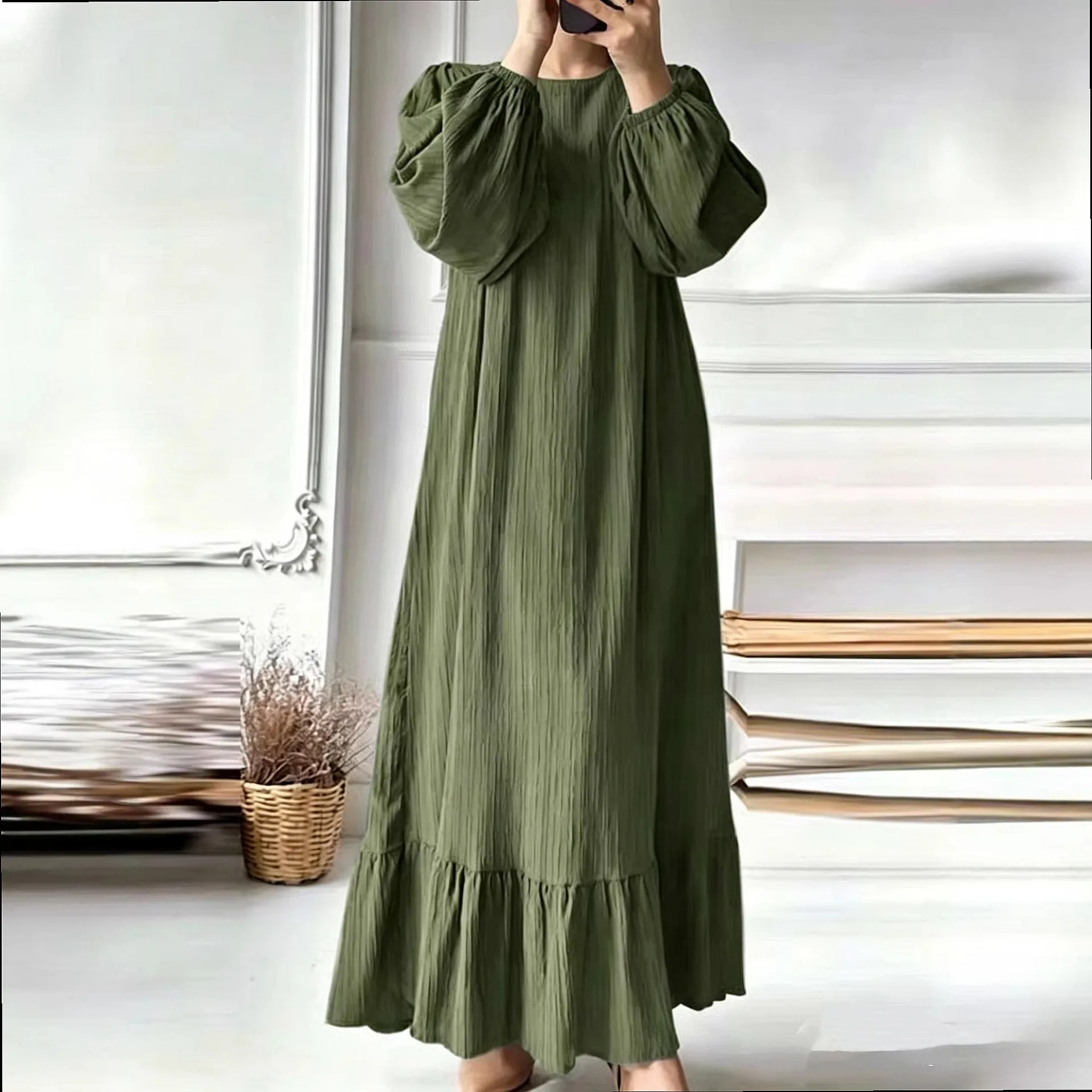 Women's Fashion Bubble Sleeve Vintage Maxi Dress Solid Ruffle Hem Dresses Spring Summer