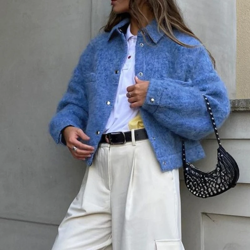 

2025 Winter Blue Lapel Long Sleeve Wool Coat Fashion Women's Jacket